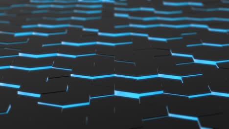 black hexagons with blue neon sides. abstract 3d animation.