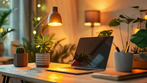 cozy home office setup with laptop and plants