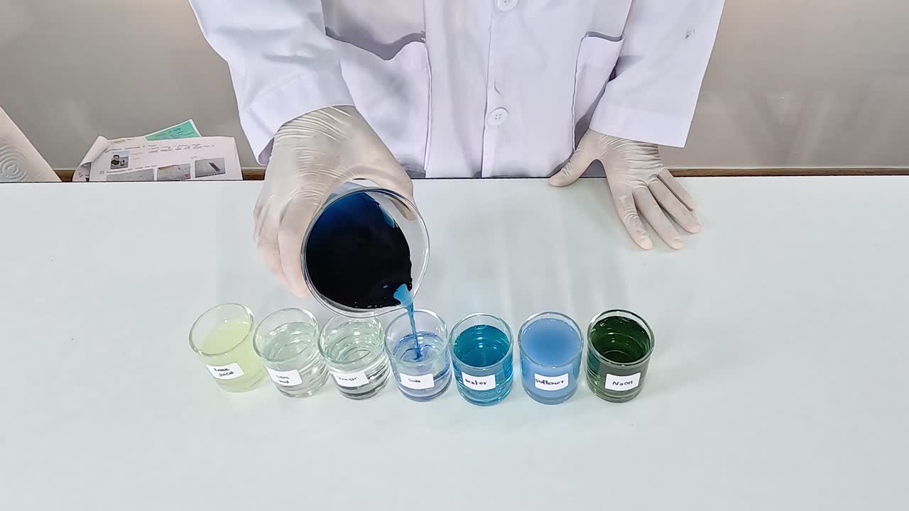 experimento de química con cambios de color de líquidos