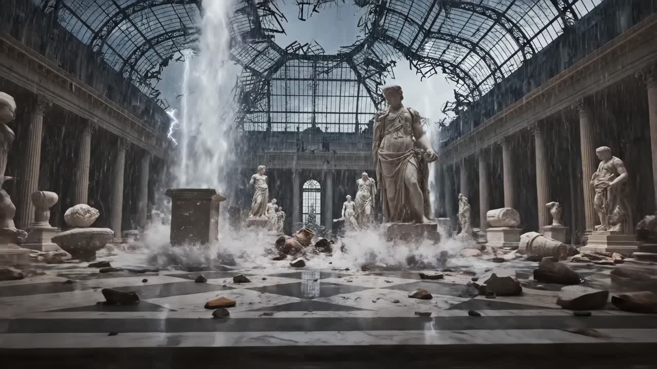 Statues in Flooded, Ruined Building After a Storm