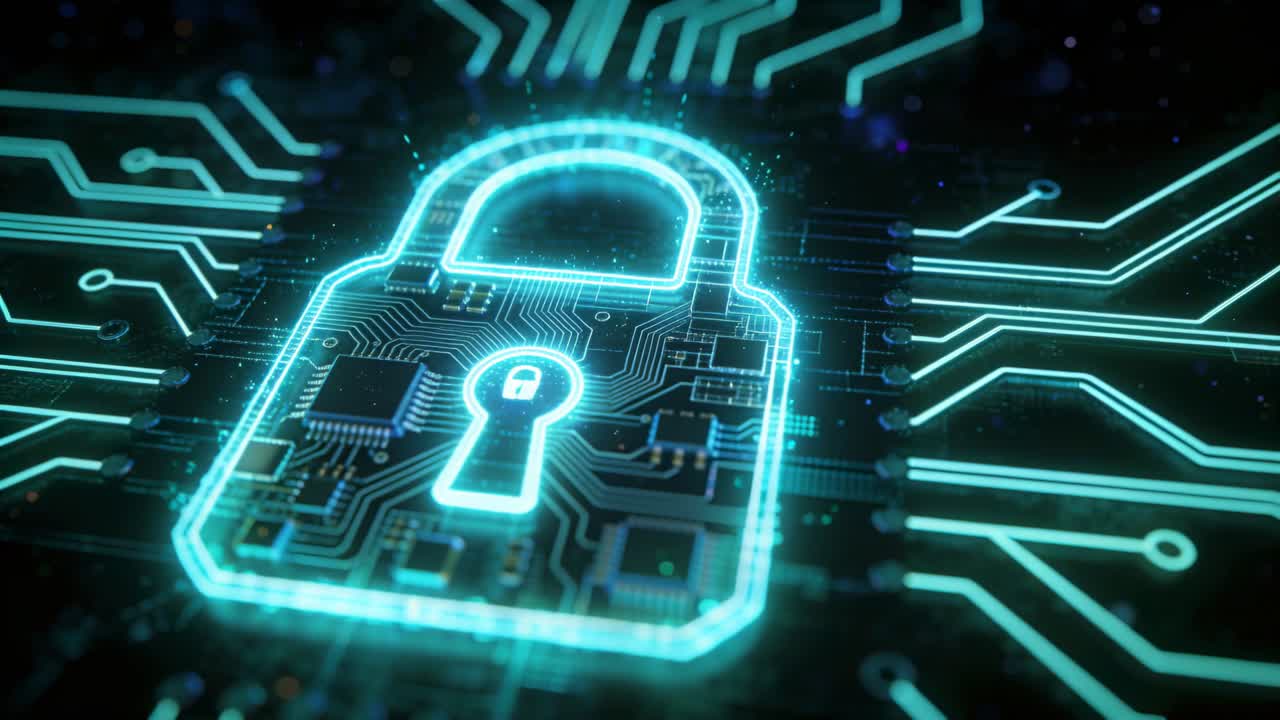 Receiving signal, cyan hologram padlock appearing and powering up on PCB plane, glowing keyhole