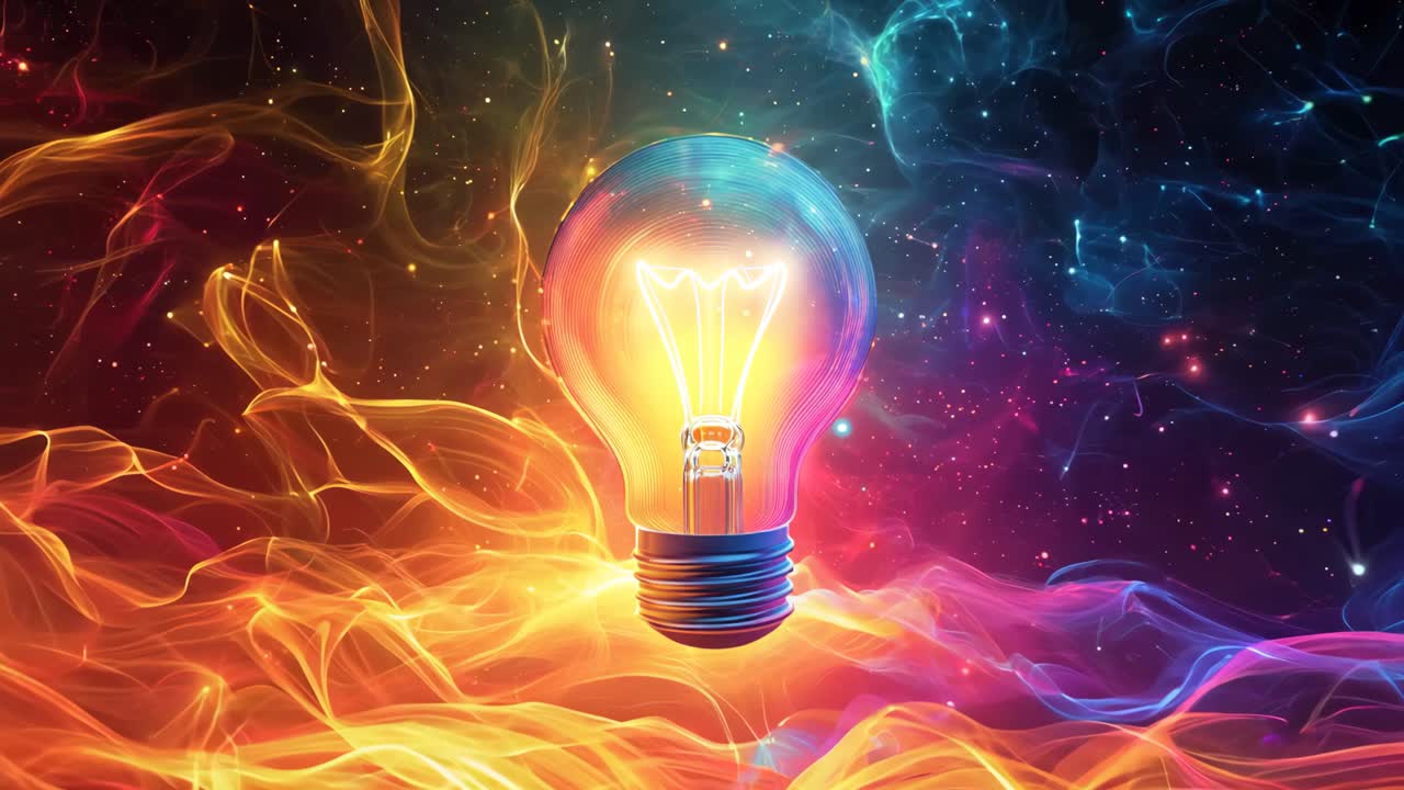 A glowing light bulb is surrounded by colorful flames, creating a sense of energy and excitement. The image conveys a feeling of inspiration and creativity. The vibrant colors of the flames