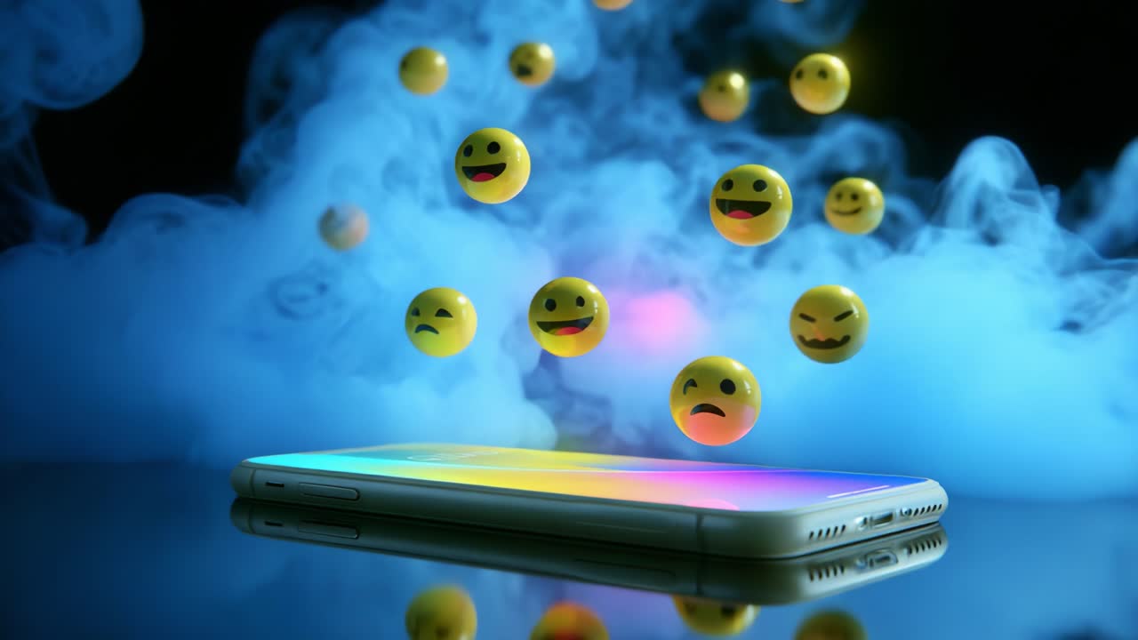 An Engaging Visual of a Smartphone Surrounded by Floating Emoji Faces: A Representation of Digital Emotions, Mood Expressions, and the Modern Connection Between Technology and Feelings