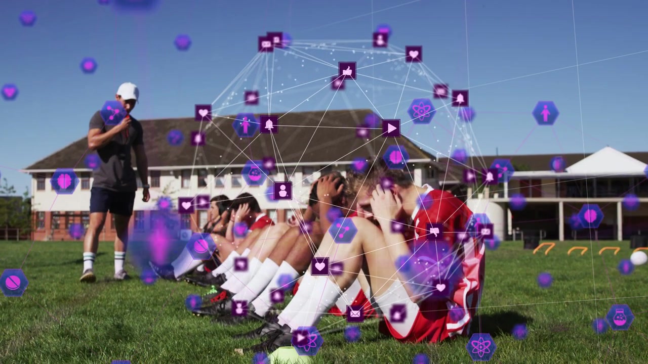 Coach signaling on sideline while players doing crunches for fitness with purple overlay drifting