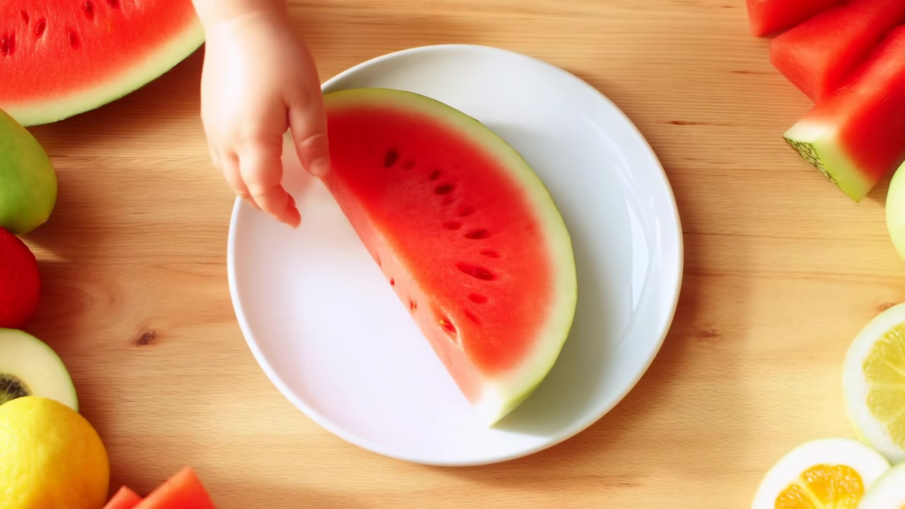 Bright overhead view of a white plate on a wooden table with a large watermelon slice centered diagonally and mixed cut fruit arranged around the edges in