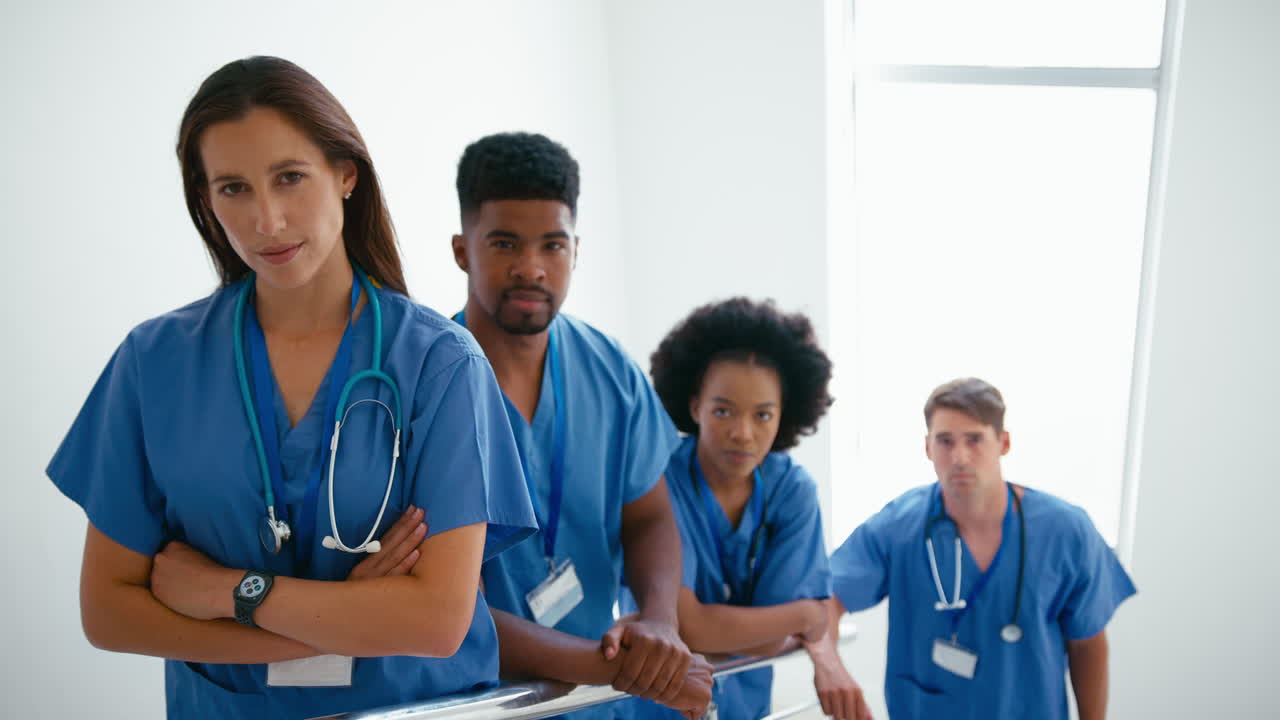 Portrait Of Serious Multi Cultural Medical Team Wearing Scrubs Standing On Stairs In Hospital