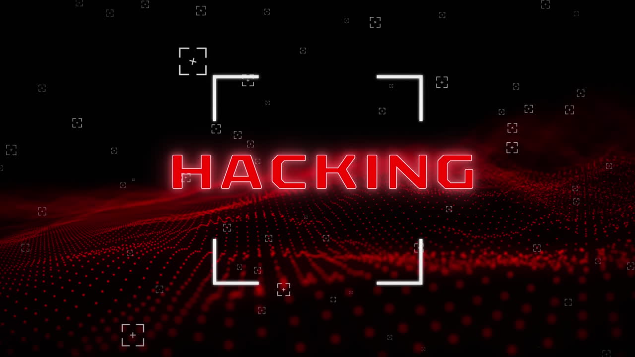 ⁇ 은 반점이 있는 추상적인 파동망 위에 마커로 네온 해킹 텍스트의 애니메이션