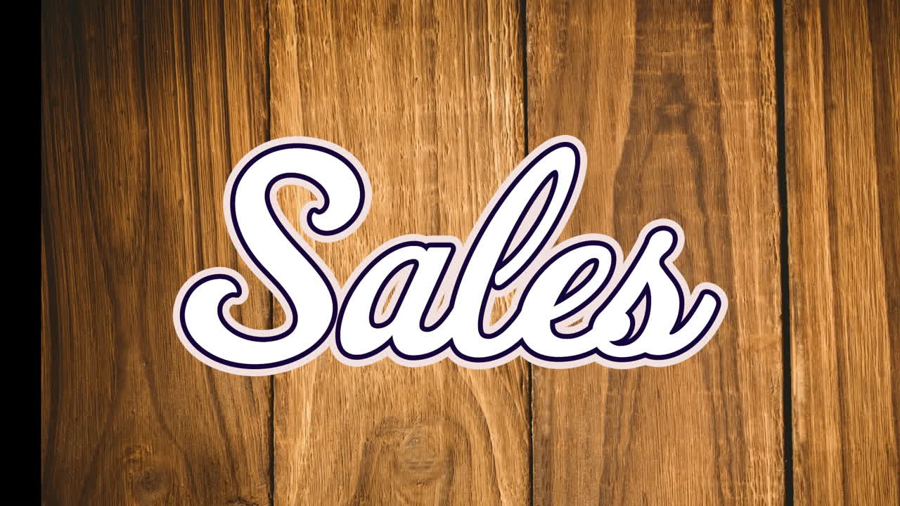 animación de texto de ventas blanco sobre una mesa de madera.