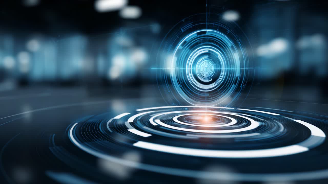 Futuristic Digital Interface with Circular Patterns and Glowing Center in a High-Tech Environment Featuring Smooth Rotations and Illuminated Elements