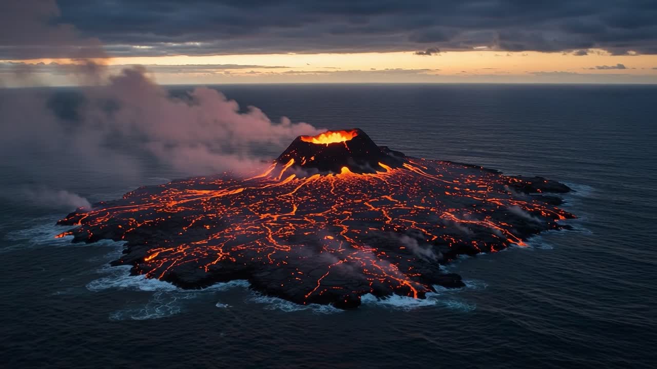 Spectacular Eruption of a Volcanic Island at Dusk Illuminated by Flowing Lava and Dramatic Skies, Capturing Nature's Raw Power and Beauty in a Fiery Display