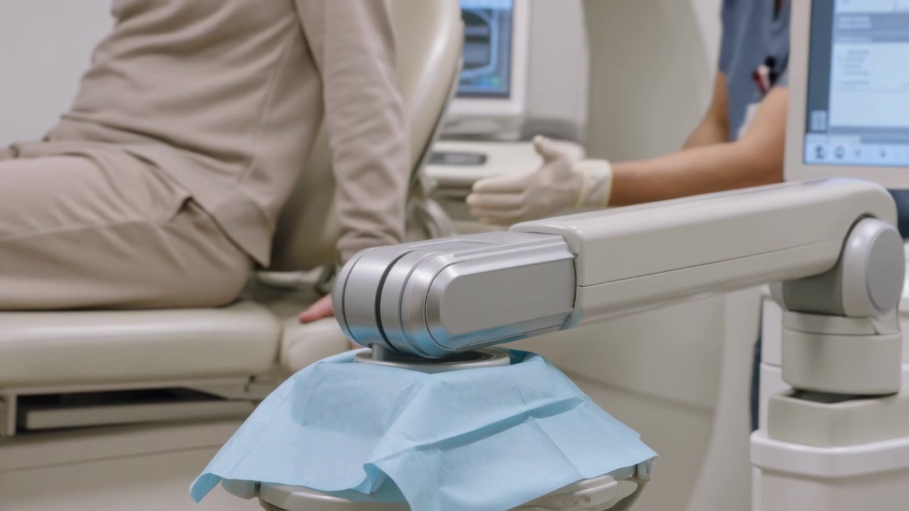Clinician in scrubs reaching console in dental clinic, preparing robotic arm over blue drape