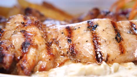 close-up of delicious grilled chicken skewers