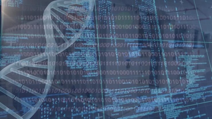 Animation of dna strand spinning , data processing over glowing computer circuit board