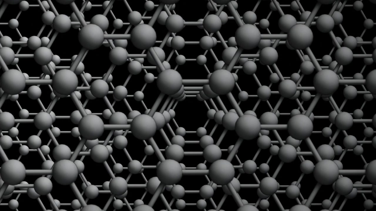 Graphene Stack loop Horizontal BW. This nano technology 3D animation represents engineering at the molecular level.