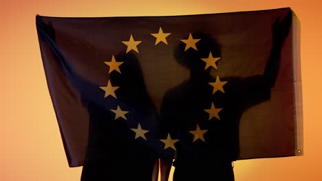 silhouette of people holding an eu flag