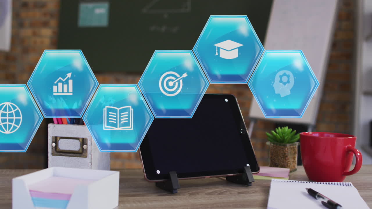 animación de iconos sobre la tableta con espacio de copia en el escritorio