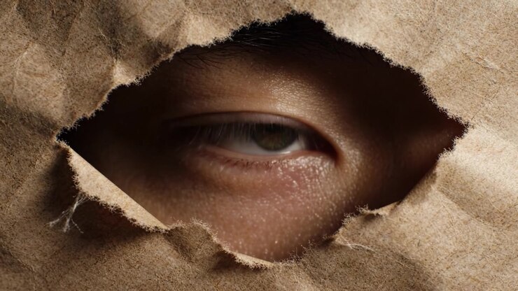 A Close-Up of a Thoughtful Eye Peering Through a Torn Paper, Capturing Intrigue and Mystery in a Unique Perspective