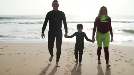 happy family holding hands and walking on beach