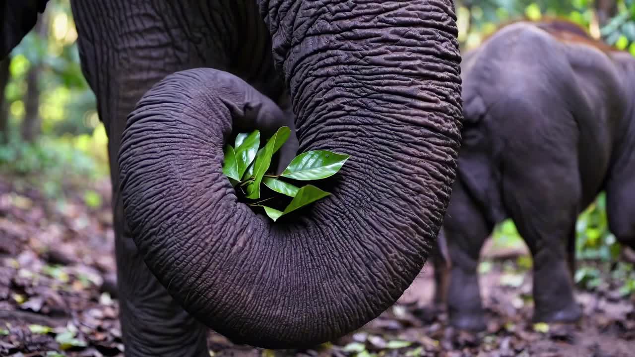 Close-up video of an elephant's trunk holding leaves, captured from a low angle