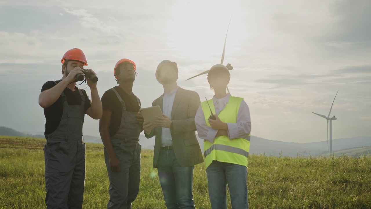 Engineers examine wind turbines and surrounding landscape during site assessment for renewable
