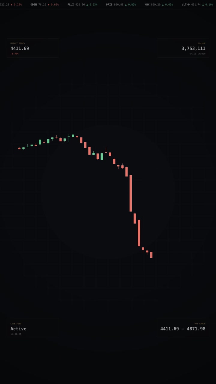 Red candlesticks fall sharply as a trading ticker scrolls above a dark financial crash dashboard, portrait orientation, seamless loop