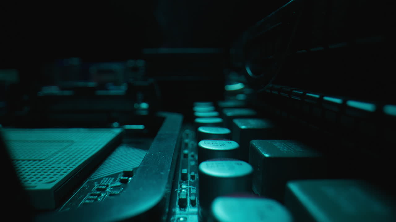 Motherboard processing electricity inside electronic system closeup. Hardware