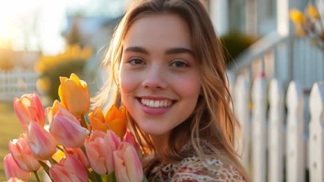 Smiling Woman Holding a Bouquet of Tulips in Golden Hour Sunlight