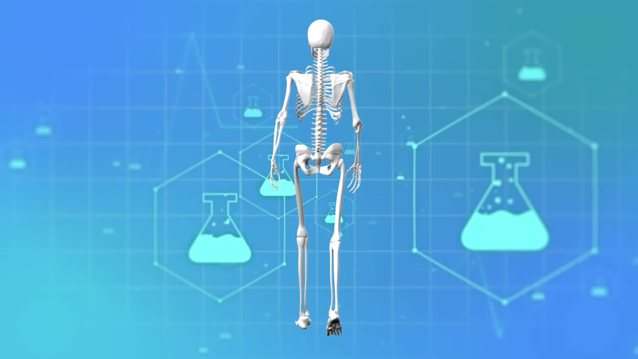 푸른 바탕에 걸어가는 의료 아이콘과 골격의 애니메이션