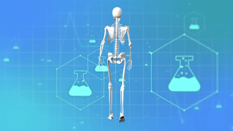 animation of medical icons and skeleton walking on blue background