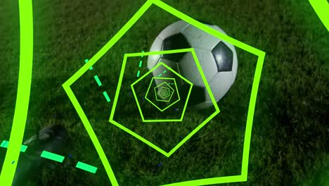 Animation-of-hexagonal-spiral-and-lines-over-football-player-kicking-ball-on-pitch