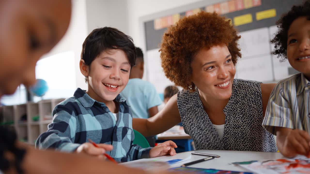 Close Up Of Female Teacher With Multi-Cultural Elementary School Pupils In Art Class