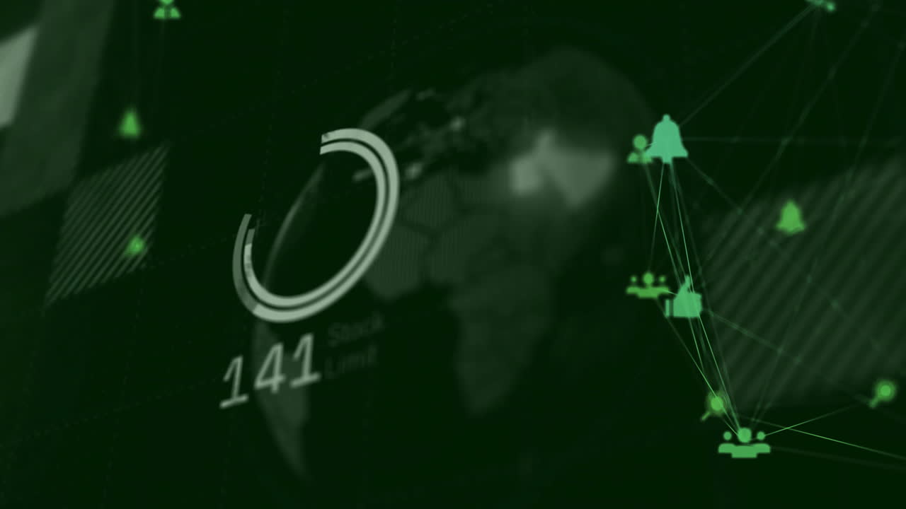 Digital network and data analytics animation over globe in green tones
