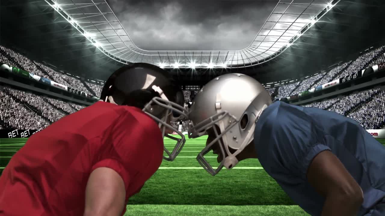 진지 한 미국 축구 선수 들 이 서로 를 바라보고 있다