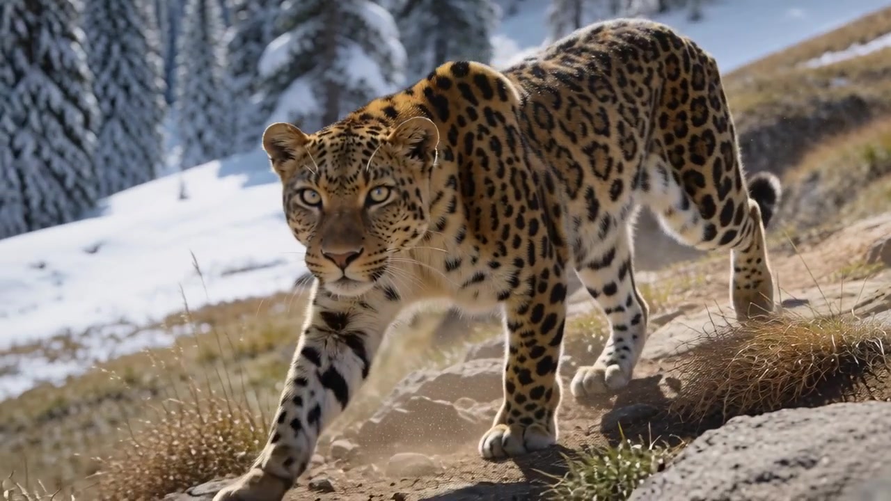 Tracking camera leopard descending rocky slope at snowline, walking toward camera, kicking dust