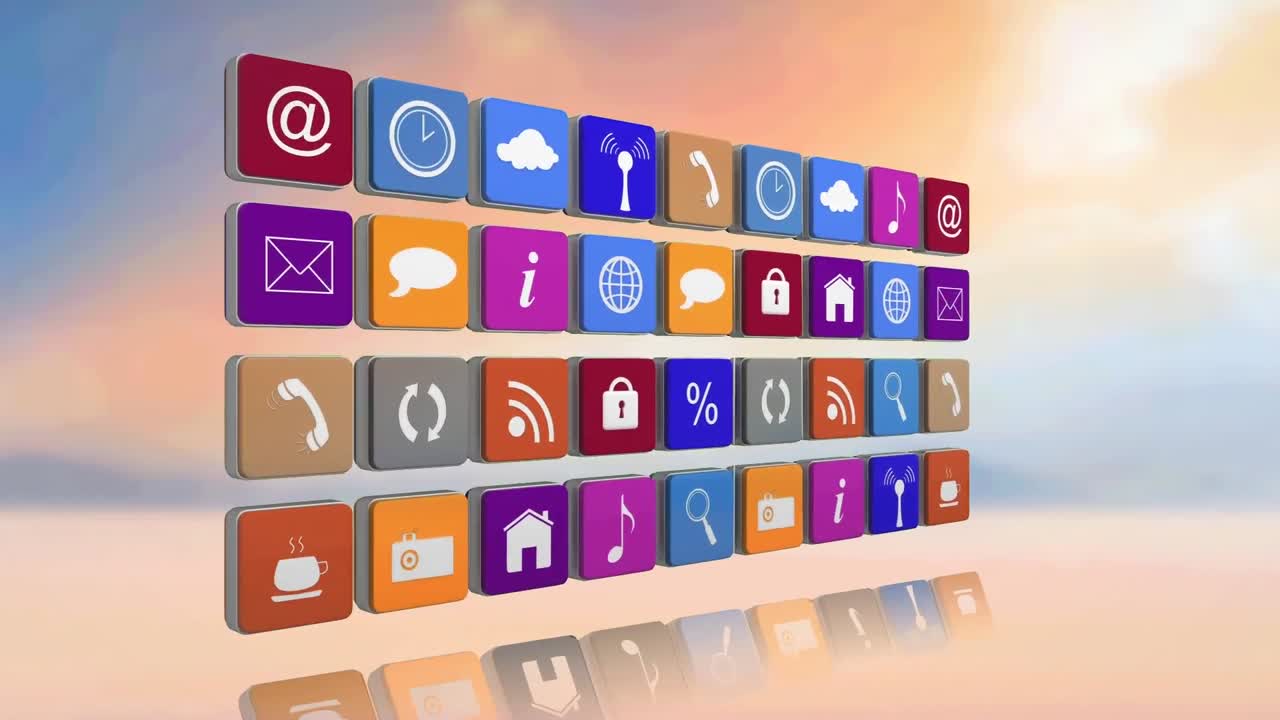 animación de filas de iconos digitales flotando sobre el paisaje