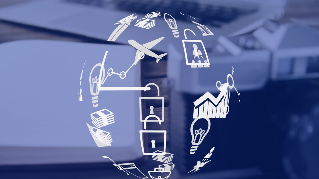 책상 에 있는 카메라 위 에 아이콘 을 가진 지구 의 애니메이션