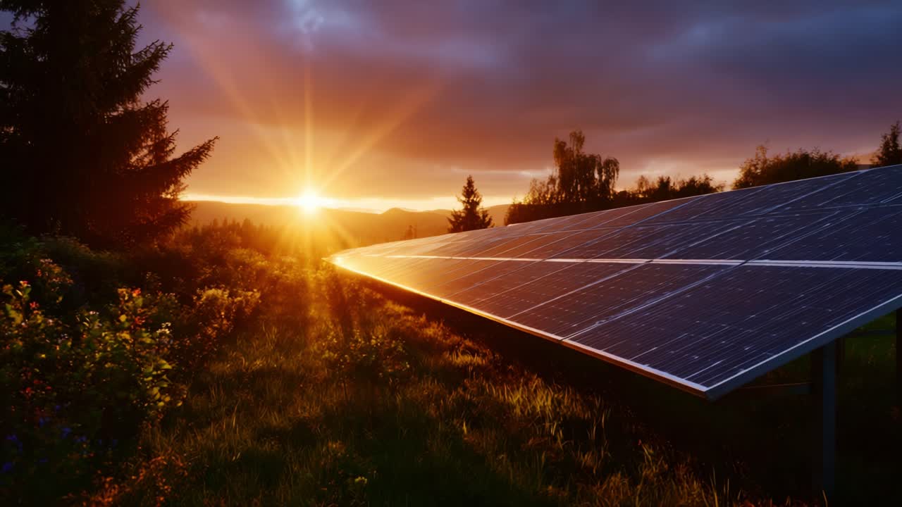 Sunrise over solar panels, illuminating the landscape with golden light, showcasing renewable energy and nature's beauty in harmony, against a vibrant sky