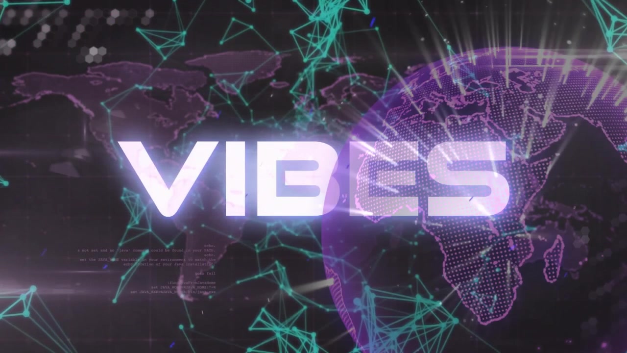 Animation of vibes text over data processing, globe, world map and connections on black background