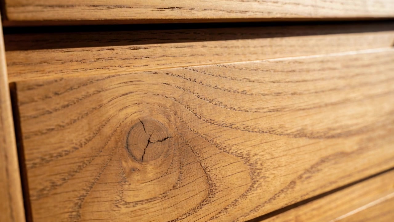 Cámara deslizándose acercándose a los frentes de una cómoda de madera en el dormitorio, resaltando el nudo y la veta.