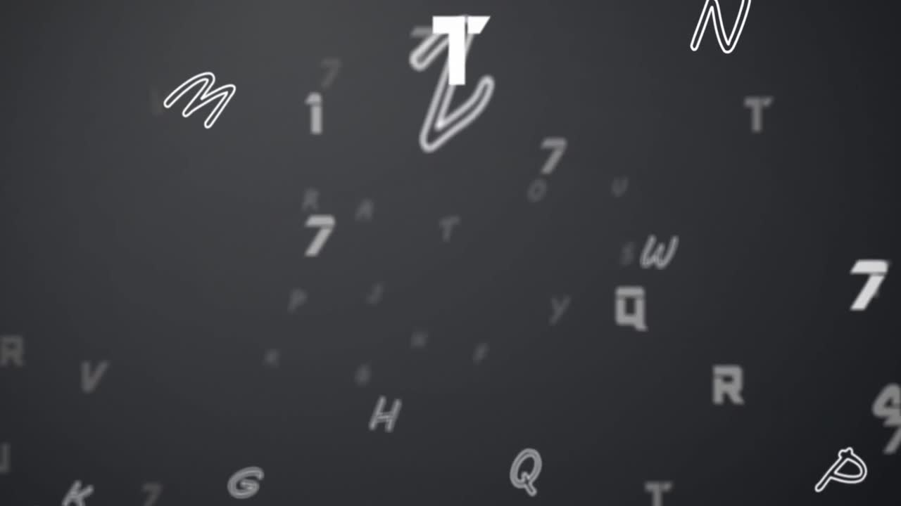 animación digital de múltiples números y alfabetos cambiantes flotando contra un fondo gris
