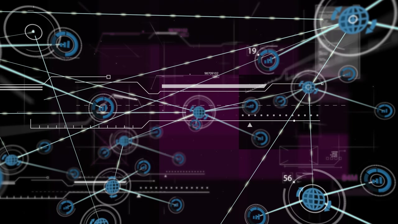 Animation of network of connections over data processing on black background