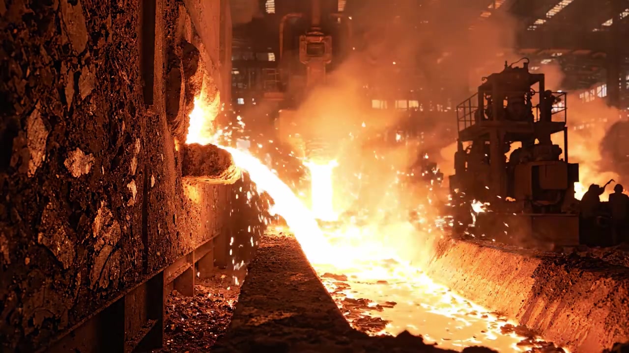 Intenso Processo di Colata del Metallo: Scene Accattivanti di Metallo Fuso che Scorre in una Fonderia con Scintille e Illuminazione Drammatica che Evidenziano l'Ambiente Industriale