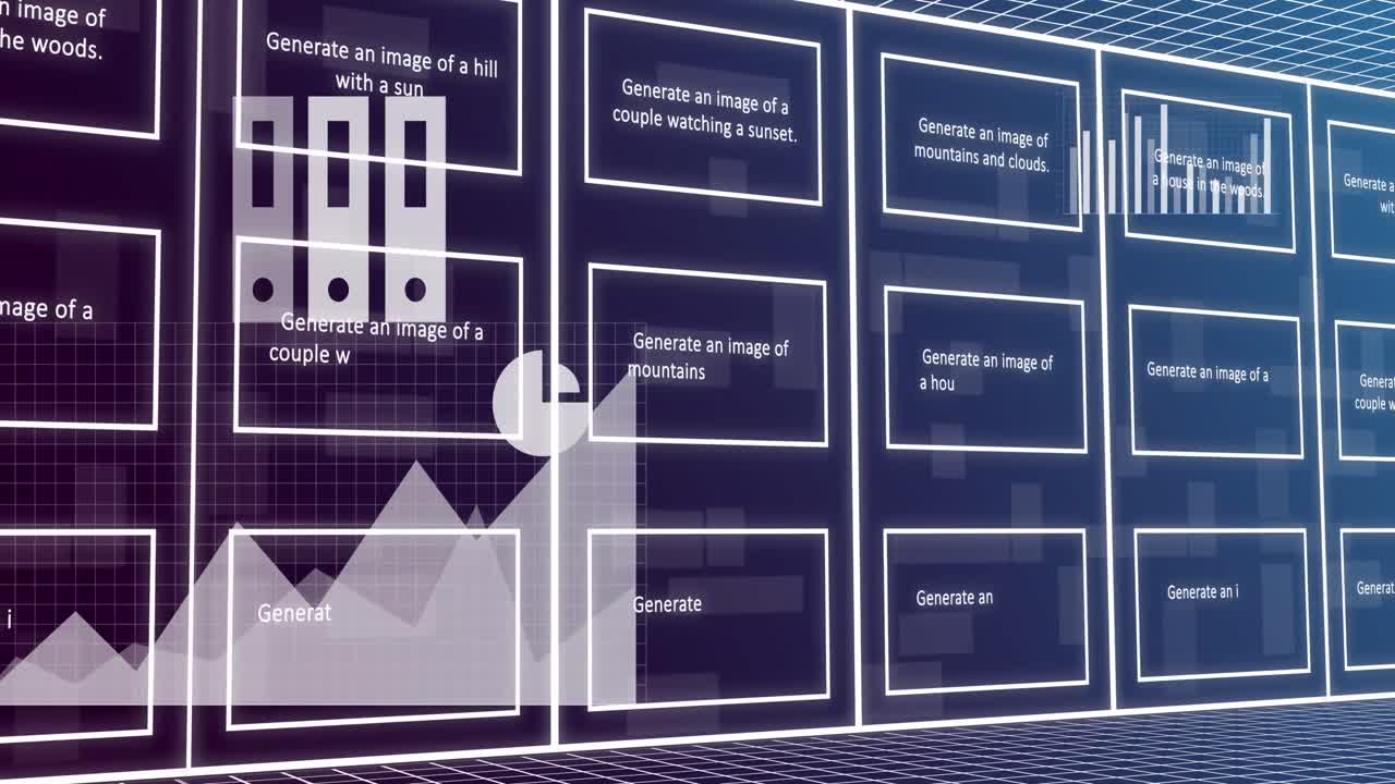 인공지능 아이콘, 텍스트 및 데이터 처리를 스크린에서 애니메이션화합니다.