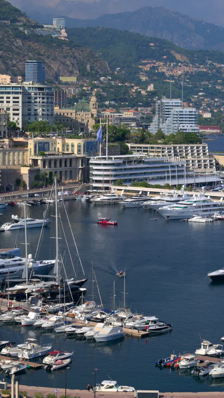 Vista di barche ormeggiate nel porto turistico di Monaco con lo skyline della città sullo sfondo. Verticale
