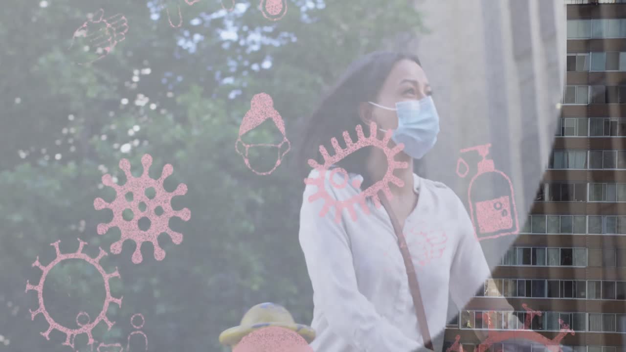 아시아 여성과 도시 풍경 위의 모양과 아이콘의 애니메이션