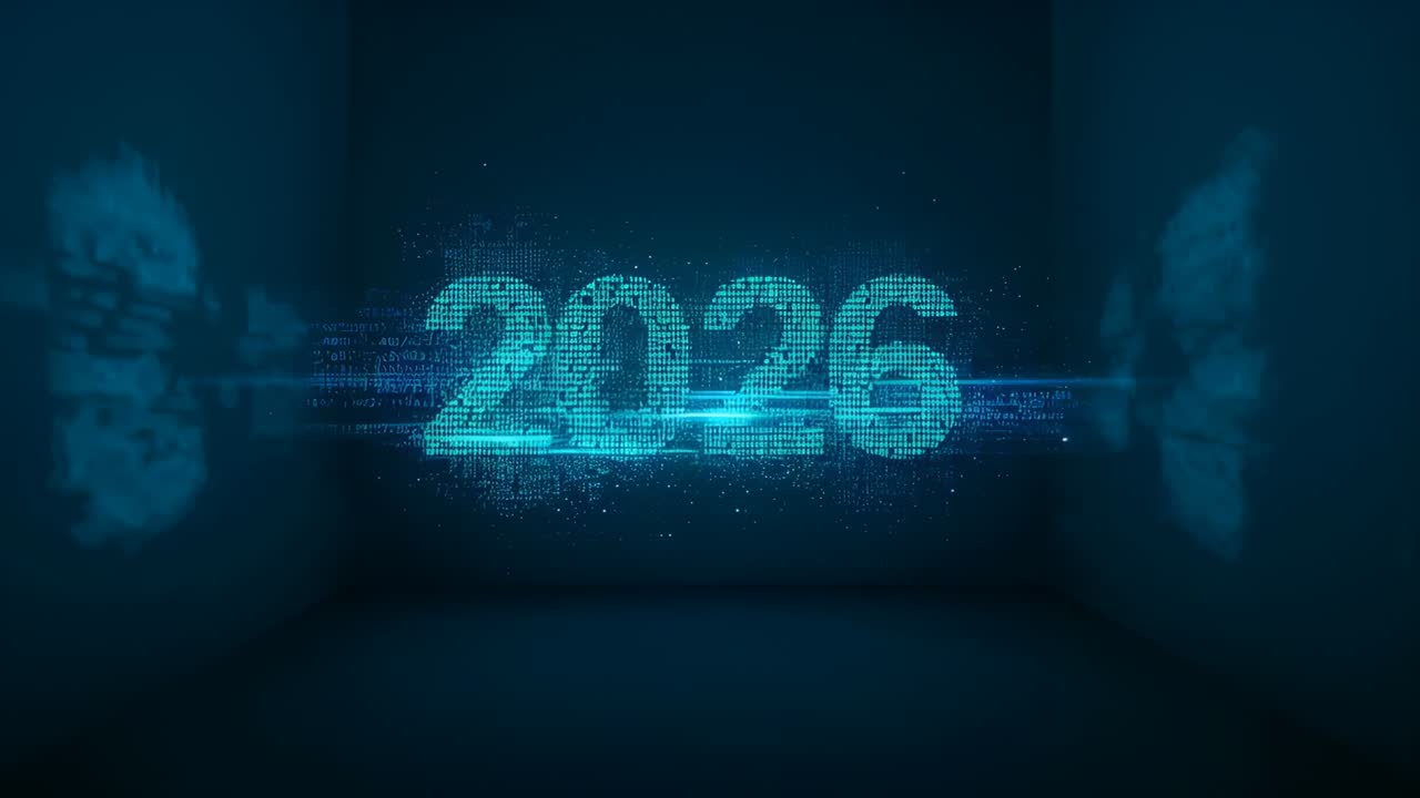 Blikající číslice 2026 se objevují a jiskří v rozích tří stěn, vrhají odrazy na zeď