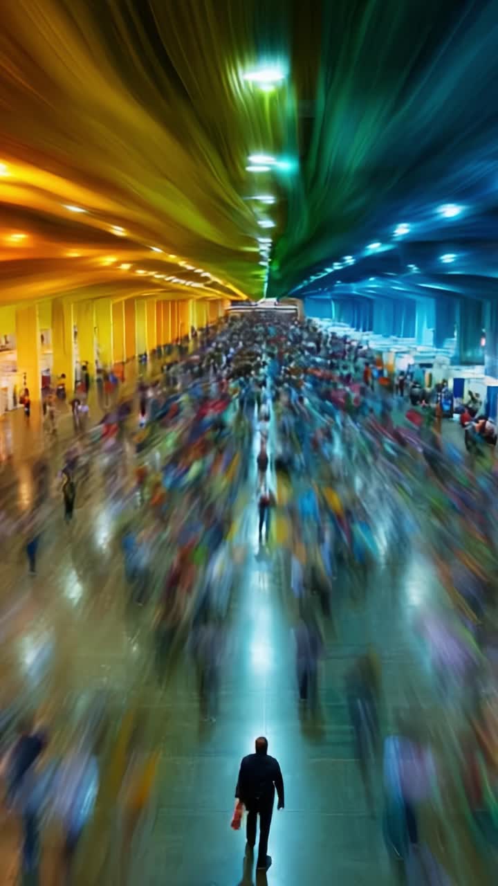 Uma figura solitária está em um salão amplo, preenchido com um degradê vibrante de cores, capturando a essência do movimento e da energia em um ambiente movimentado