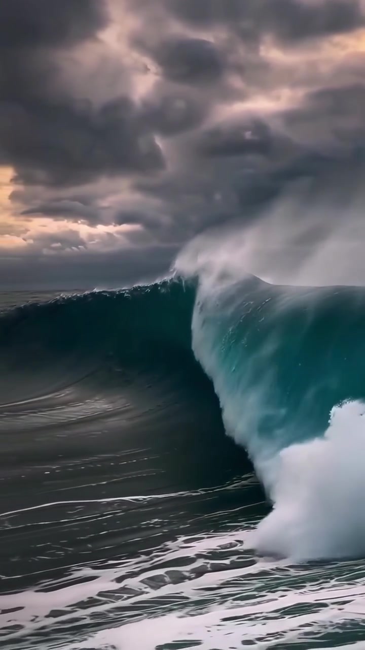 Powerful Ocean Wave Breaking Under Stormy Sky