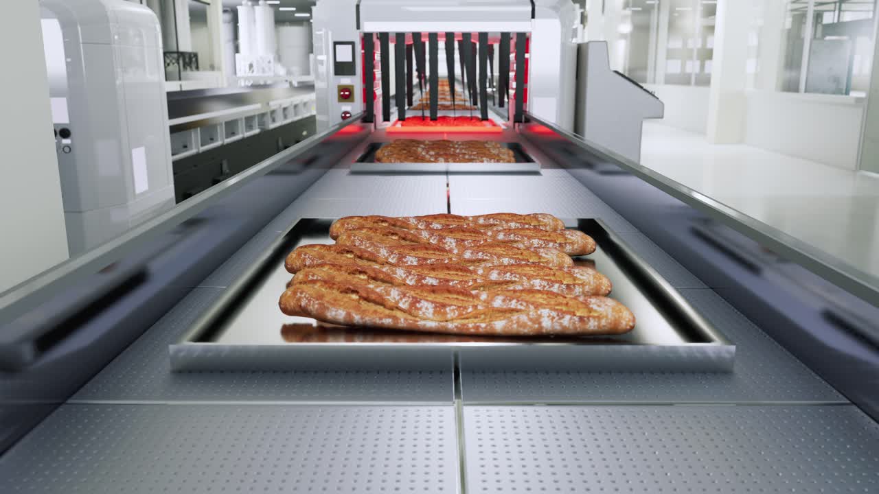 Producing Fresh Bread In An Automated Production Line Conveyor Belt