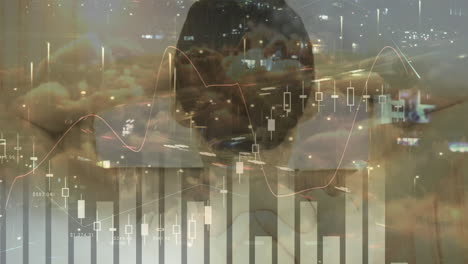 animation of financial data processing over caucasian man having massage